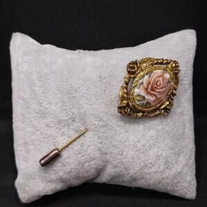 Vintage Edwardian Style Rose Ceramic Stick Pin, Antique Gold Tone, 1960s, 3 Inch